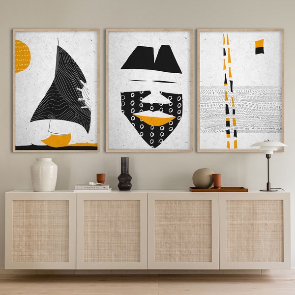 African American Art Contemporary Abstract, Tribal Ethno Mask, Modern Ethnic Illustration Set, Boat Sea Print, Black White Yellow Triptych