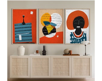 Black African Woman, Afro Contemporary Art, Set of Afrocentric Posters, Modern Boho Abstraction, Modern collage folk art, Africa Lover Gift