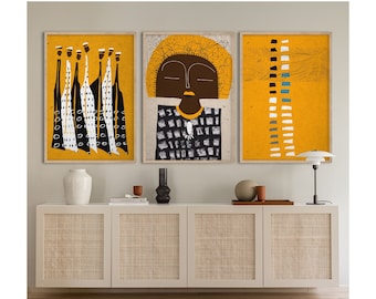 Abstract African Woman, Contemporary African Art Set, Modern Boho Decor, Ethnic Pattern Artwork Triptych, Colors of Africa, Boho Afro