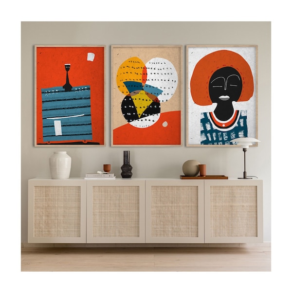 Black African Woman, Afro Patterns Contemporary Art, Set of Afro Ethno Posters, Modern Boho Abstraction, Modern collage, Africa Lover Gift