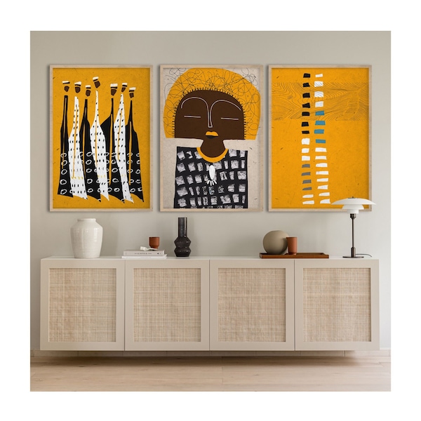 Abstract African Woman, Contemporary African Art Set, Modern Boho Decor, Ethnic Pattern Artwork Triptych, Colors of Africa, Boho Afro