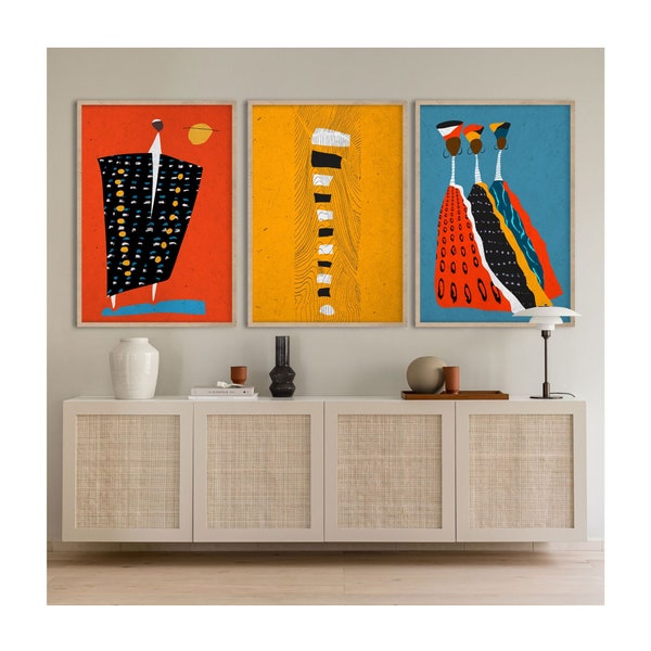 Ensemble d’art noir africain de 3, motifs culturels et couleurs vives des imprimés africains, décor boho moderne, triptyque de portrait de famille du milieu du siècle