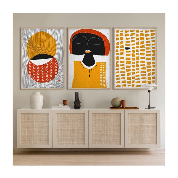 Art africain de femme noire, triptyque moderne de modèles afro, affiches ethniques africaines, décor boho moderne, ensemble d’impression afro girl de 3, décor tribal