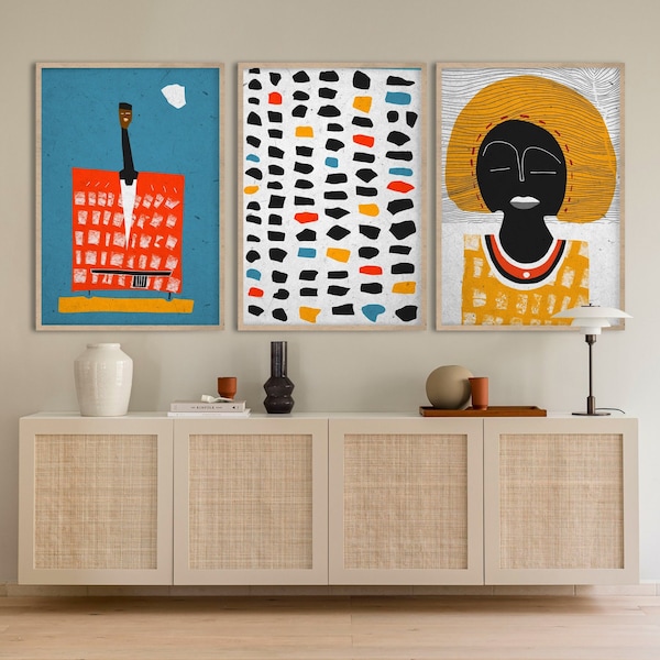 Triptyque coloré de décor ethnique africain, ensemble d’art mural de culture noire Boho, ensemble d’impression d’art de motif africain, affiche afro abstraite de femme noire