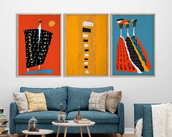 African Black Art Set of 3, Cultural Patterns and Bright Colors of Africa Prints, Modern Boho Décor, Mid-Century Family Portrait Triptych