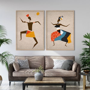 African Dancers Art Print Set, Traditional Ethnic Black Artistic Diptych, Afro Modern Poster, African Dancing Figures, Afro Dance Painting