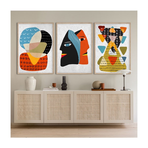 Triptyque déco bohème africain, ensemble d'art mural moderne de la culture noire, impression de motif Afrique, impression afro abstraite femme noire, posters ethniques