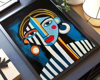 Abstract Woman Portrait, Modern Feminine Wall Art, Abstract Female Face Room Decor, Bold Portrait Artwork Print, Stripe Lady Boho Art