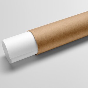May include: A rolled-up white poster is partially inserted into a cylindrical brown cardboard tube. The tube is made of a textured, light brown material. The background is a plain, light gray.