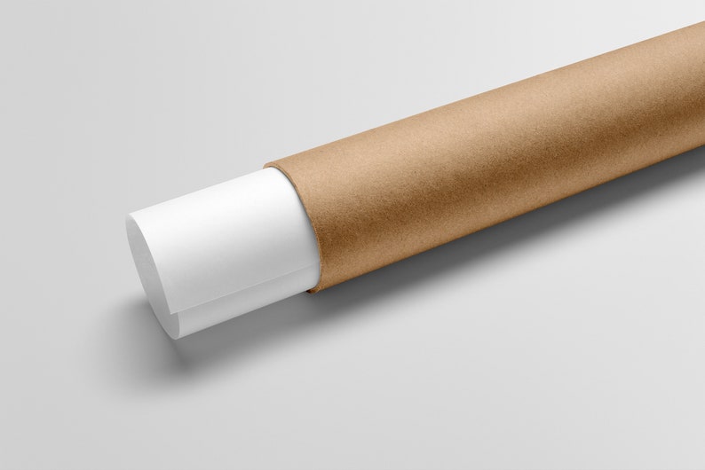 May include: A rolled-up white poster is partially inserted into a cylindrical brown cardboard tube. The tube is made of a textured, light brown material. The background is a plain, light gray.