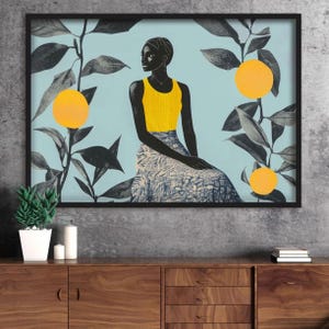Modern African Woman Wall Art – Botanical Folk Illustration, Bold Color Portrait Print, Contemporary Afro Art Decor, Afro Abstract Portrait