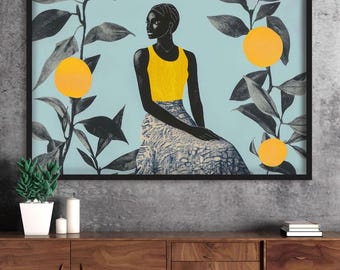 Modern African Woman Wall Art – Botanical Folk Illustration, Bold Color Portrait Print, Contemporary Afro Art Decor, Afro Abstract Portrait