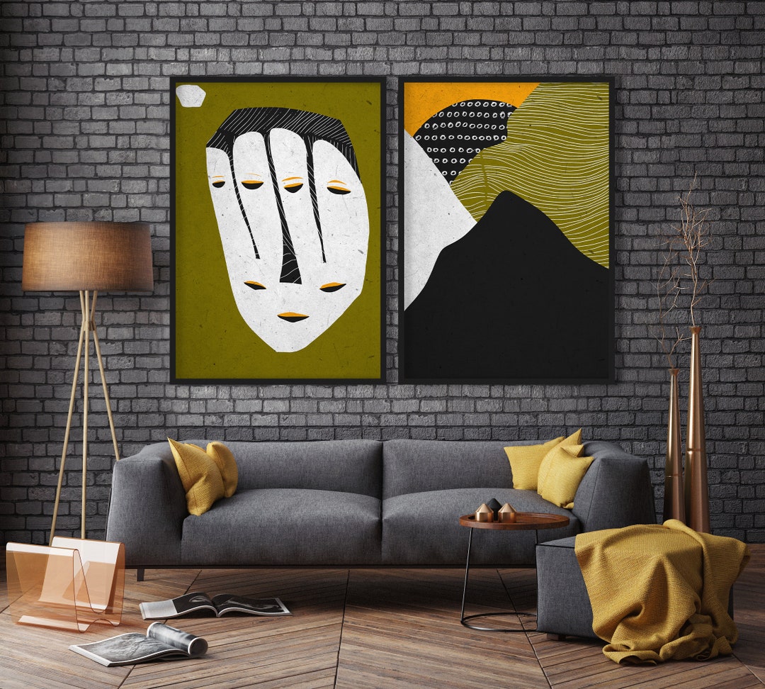 Green and Black Wall Art, Abstract Figurative Prints, Afro Mask Tribal