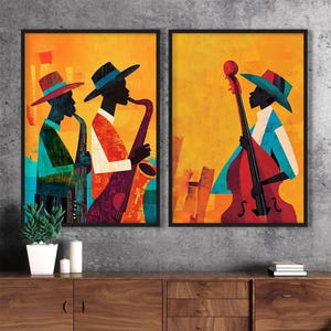 Jazz Wand Kunst Druck Set, Musiker Poster, Buntes Saxophon & Kontrabass Kunstwerk, Mid Century Modern Jazz Dekor für Wohnzimmer oder Studio
