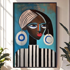 African Girl in Stripes Art Print, Black Woman Portrait, Afrocentric Women Illustration, Afro Abstract Artwork, Black Lady Painting