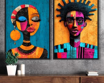 Afrocentric Couple Art Print Set: Colorful Abstract Portraits