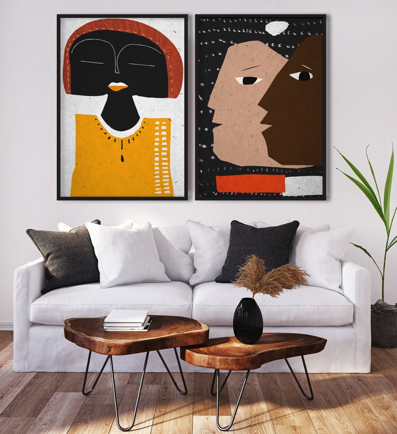 African Woman and Man Portrait, Naive Illustration Black Female, Modern Minimalist Print, Contemporary Ethnic Art, Boho Decor Abstraction image 1