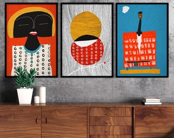 Afro Bohemian Art Triptych, African Woman Portrait and Abstract Shapes, Boho Set of 3 Prints, Bold Ethnic Wall Art, Living Room Decor