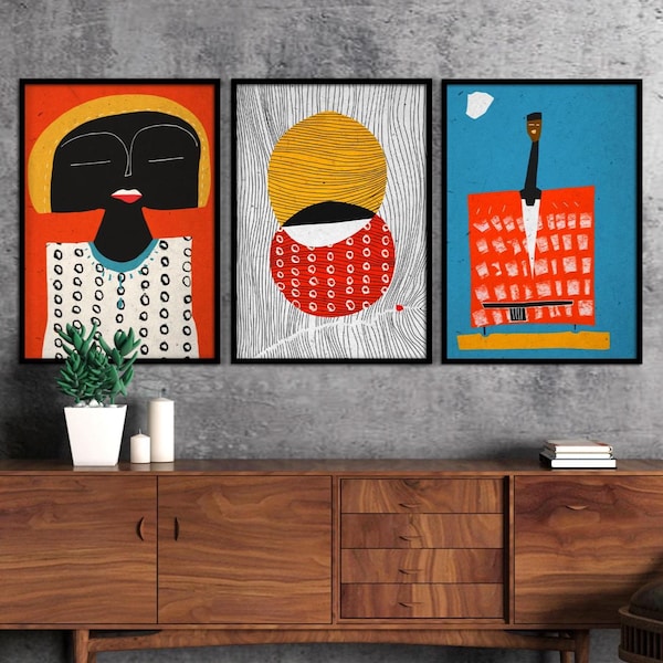 Afro Bohemian Art Triptych, African Woman Portrait and Abstract Shapes, Boho Set of 3 Prints, Bold Ethnic Wall Art, Living Room Decor