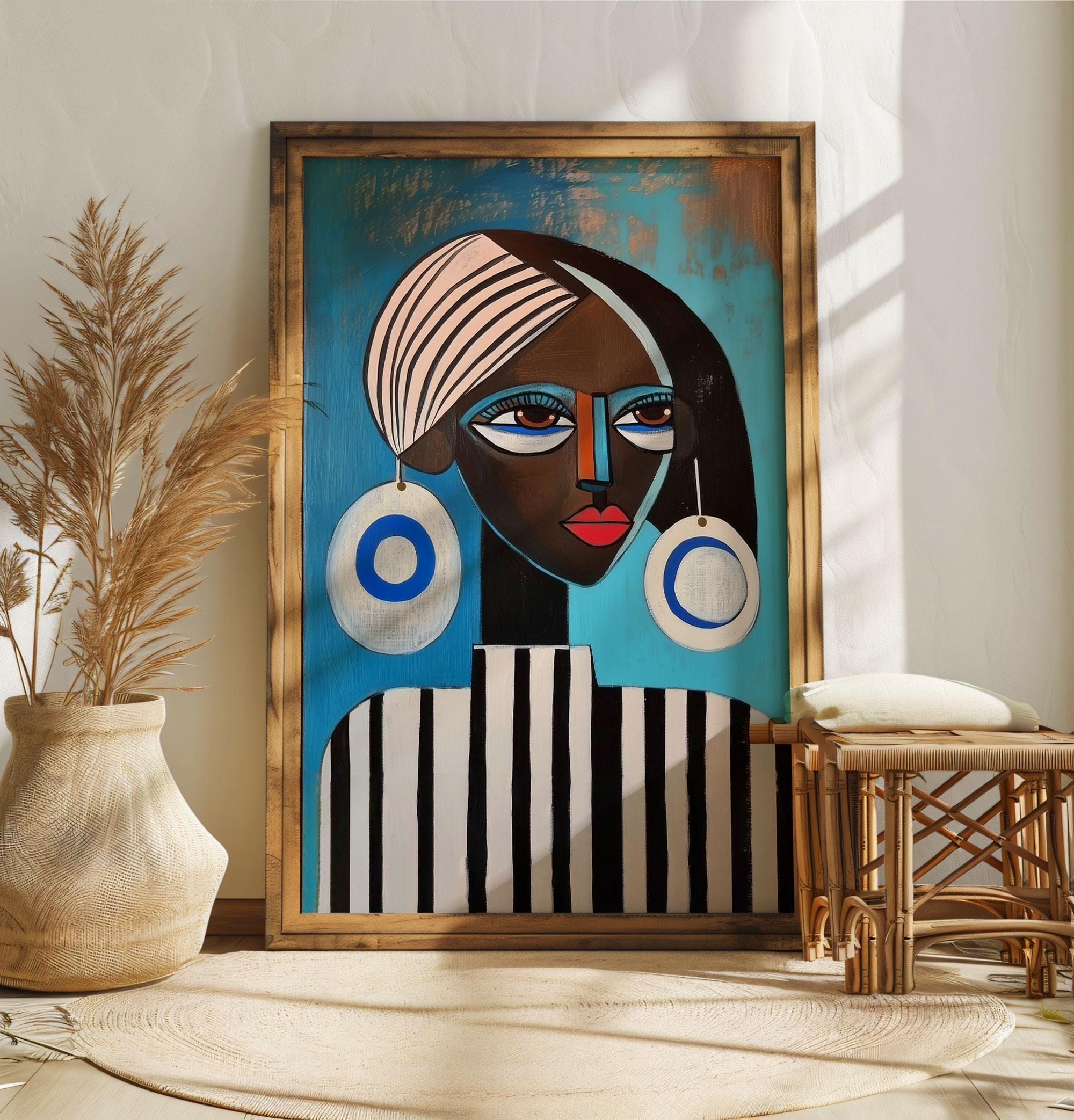 Black Woman Art Print Set, Afro Girl in Stripes Portrait, Vase With ...