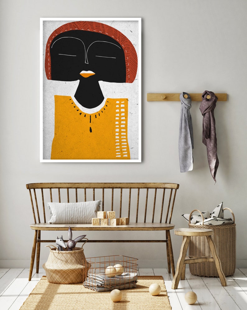 African Woman and Man Portrait, Naive Illustration Black Female, Modern Minimalist Print, Contemporary Ethnic Art, Boho Decor Abstraction image 4