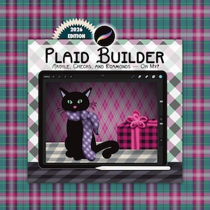 Puede incluir: Ilustración digital de un gato negro con bufanda a cuadros morada, frente a una caja de regalo rosa. La tableta muestra "Plaid Builder" y "Argyle, Checks, and Diamonds - Oh My!" sobre un fondo a cuadros.