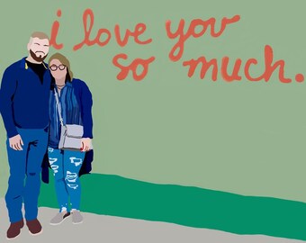 May include: A couple standing in front of a green wall with the words "I love you so much" written in red. The man is wearing a blue jacket and blue jeans. The woman is wearing a blue and white striped shirt, a blue jacket, and blue jeans.