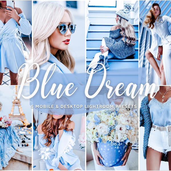 5 Blue Dreams presets for Lightroom Mobile and Lightroom Desktop, blue and white preset lightroom,  blue preset lightroom