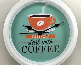 COFFEE Orologio, "RULE il mondo inizia con il caffè", Cucina, Orologio del tempo del caffè, Regalo Housewarming, Decorazione muro, Orologio caffè unico, Regalo hostess