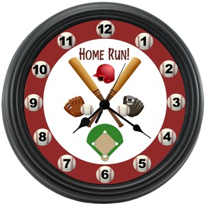 May include: A red and white baseball themed clock with black hands and a black frame. The clock face features a baseball diamond, two crossed bats, a baseball glove, a baseball, and a baseball helmet. The numbers 1 through 12 are displayed around the clock face.