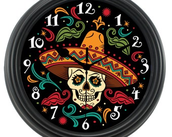 シュガースカル壁掛け時計、カラベラ、メキシコ、死者の日、壁掛け時計、ディア・デ・ロス・ムエルトス、新築祝い、壁飾り、装飾時計、ノベルティ時計