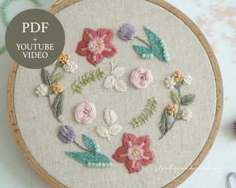 Spring Flower Embroidery, Embroidery PDF Patterns + Video Tutorial, Hand Embroidery Design, Floral embroidery DIY Printable for beginners