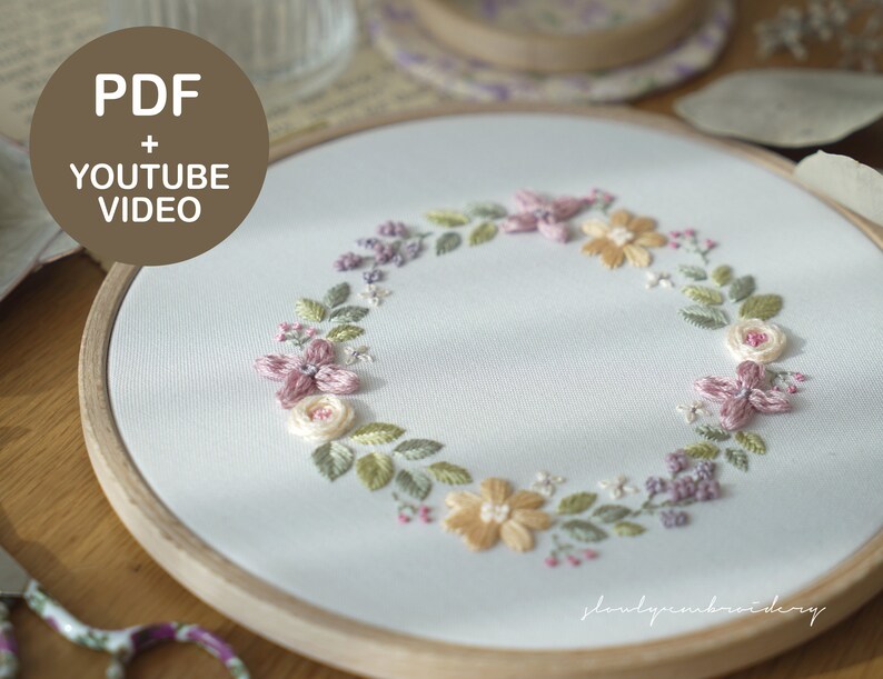 Pastel Floral Wreath Embroidery Pattern PDF Design With Video Tutorial ...