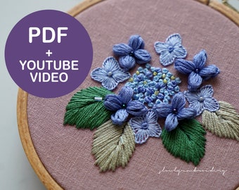 Mountain hydrangea, Flower Embroidery Pattern, PDF Pattern, Video Tutorial, Floral Hand Embroidery, DIY Printable, Hoop Art,Digital Download