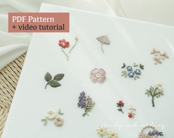 Patrones de bordado floral en PDF, videotutorial de bordado a mano, bordado de flores a mano, imprimible DIY, descarga digital