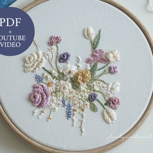 素敵な花束 美しい花の手刺繍 PDF パターン + YouTube ビデオ 初心者向け刺繍