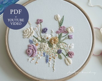 Lovely Bouquet Beautiful Flowers Hand Embroidery PDF Pattern + YouTube Video Embroidery for Beginners