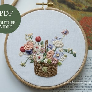 フラワーバスケット刺繍パターン + ビデオチュートリアル、手刺繍 PDF、3D 花刺繍デザイン