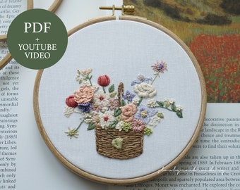 Flower basket Embroidery Pattern + video tutorial, Hand Embroidery PDF, 3D Floral Embroidery Design