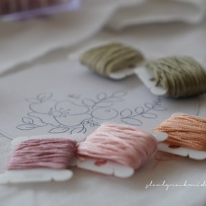 Puede incluir: Primer plano de suministros de bordado. Varios carretes de hilo en tonos rosa, melocot&oacute;n y verde est&aacute;n dispuestos sobre una superficie blanca. Un patr&oacute;n de bordado floral es visible, junto con el texto "slowlyembroidery".