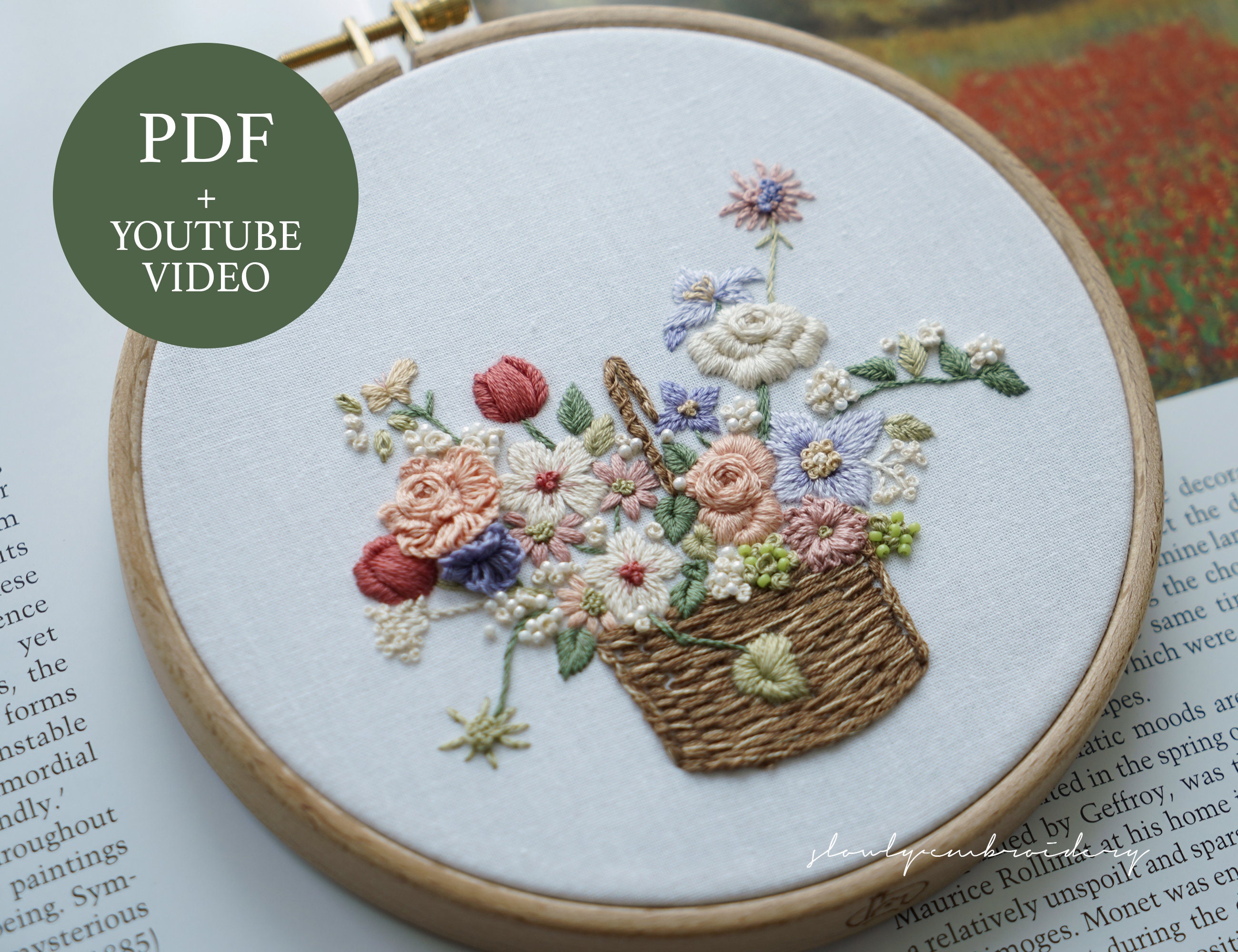 Flower Basket Embroidery Pattern + Video Tutorial, Hand Embroidery PDF ...