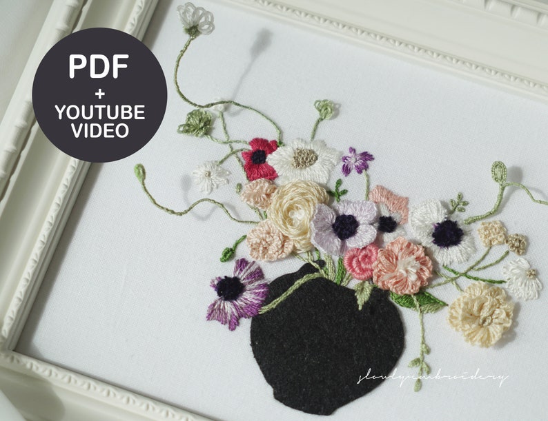 Embroidery Pattern, Hand embroidery PDF, 3D hand embroidery video Tutorial, Flower embroidery, floral embroidry designs Wire embroidery image 3