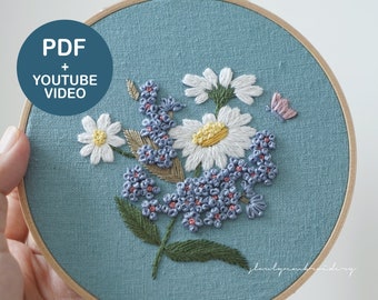 Embroidery PDF Pattern, vintage Flower Hand Embroidery, Video Tutorial, Embroidery Design, Floral embroidery, for beginner, Digital Download