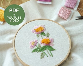 Motif PDF de broderie de fleurs de pivoine, tutoriel vidéo Youtube, conception de broderie à la main, pour les débutants, téléchargement numérique