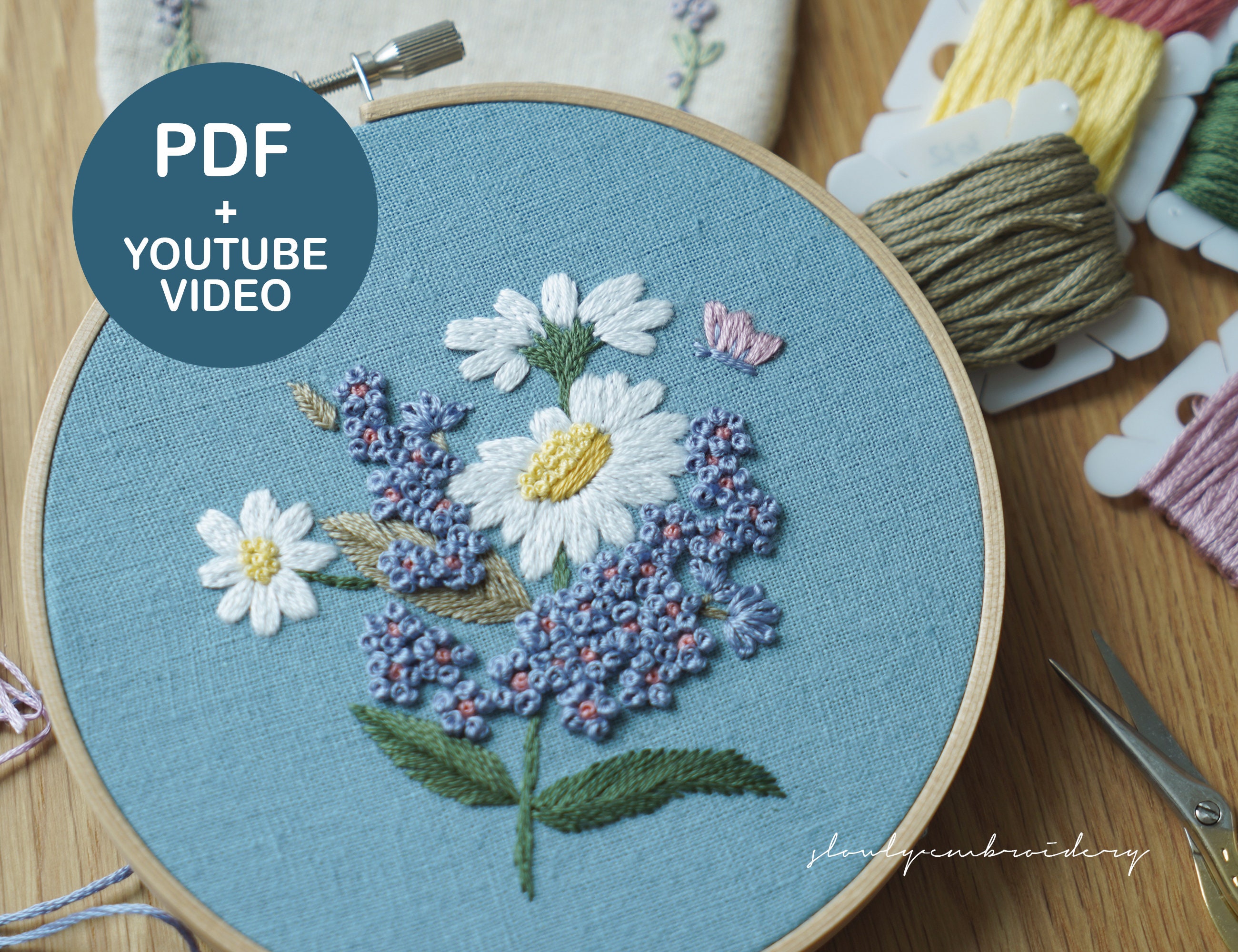 Embroidery PDF Pattern, Vintage Flower Hand Embroidery, Video Tutorial ...