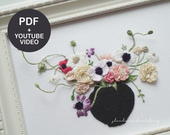 Embroidery Pattern, Hand embroidery PDF, 3D hand embroidery video Tutorial, Flower embroidery, floral embroidry designs Wire embroidery