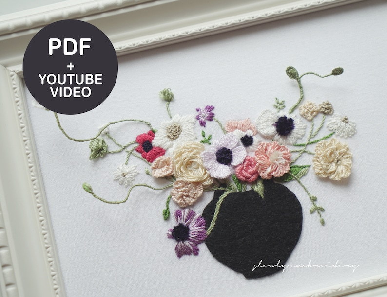 Embroidery Pattern, Hand embroidery PDF, 3D hand embroidery video Tutorial, Flower embroidery, floral embroidry designs Wire embroidery image 1