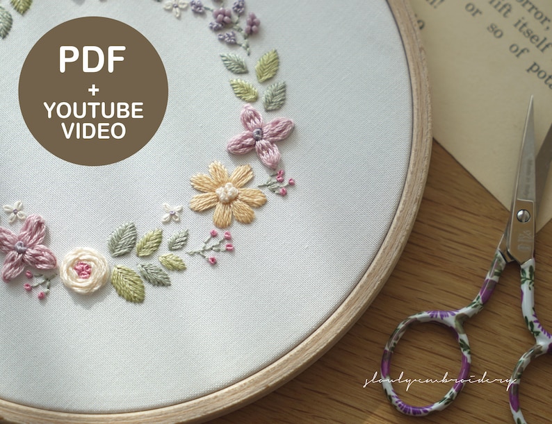 Pastel Floral Wreath Embroidery Pattern PDF Design With Video Tutorial ...