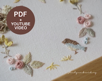 Embroidery Pattern, PDF Pattern, Flower Hand Embroidery, Video Tutorial, Embroidery Design, 3D Floral, DIY Printable, Bird, Stitch