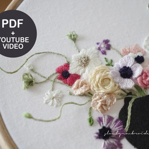 Embroidery Pattern, Hand embroidery PDF, 3D hand embroidery video Tutorial, Flower embroidery, floral embroidry designs Wire embroidery image 4